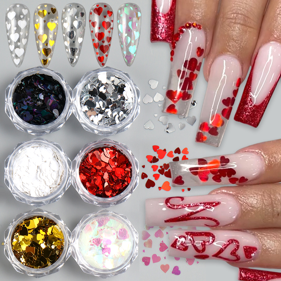 Gold Foil Flakes - 6pcs Love Heart Nail Sequins Flakes